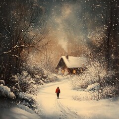 Wall Mural - Winter Solitude: A Snowy Path to a Cozy Cabin