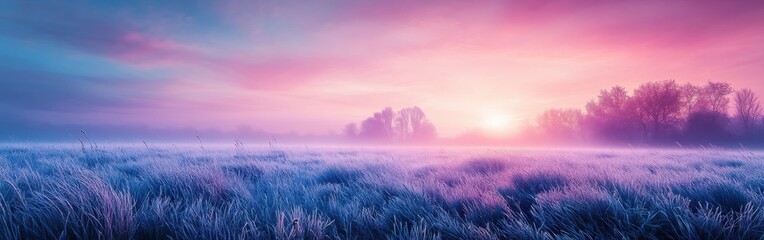 Tranquil morning in a meadow with dewy blue grass under a pastel sky at dawn