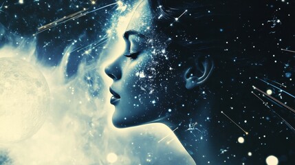 Poster - Surreal portrait of a glowing woman with cosmic elements in a dreamlike setting
