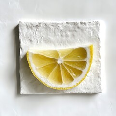 Poster - Fresh slice of lemon displaying vibrant yellow color on a textured white background for culinary or decor inspiration