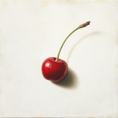 Poster - Ripe red cherry with green stem resting on a light background in natural light