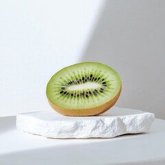 Poster - Vibrant green kiwi slice displayed on white stone surface in natural light