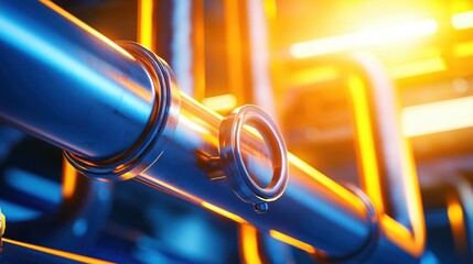 Poster - Metallic Pipes with Bright Orange Light in Industrial Setting Abstract Close Up View