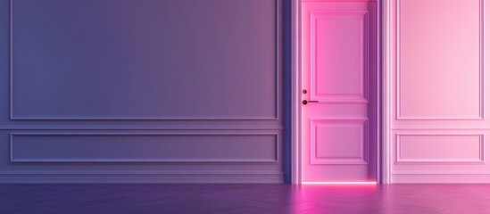 Wall Mural - Trendy neon pink and purple illuminated interior space with an open door and empty wall area for textual overlay in a modern aesthetic setting