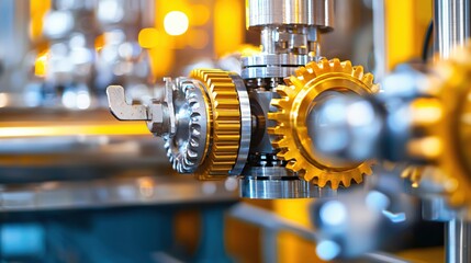 Poster - Golden gears and silver metal parts in industrial machinery with blurred background and warm light