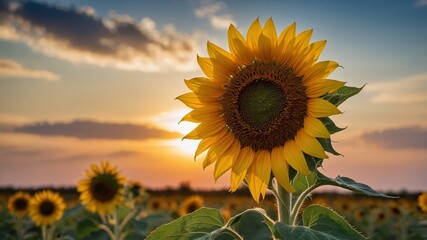 Wall Mural - beautiful sunflower blooming in a vast field during sunset with dramatic clouds and golden light