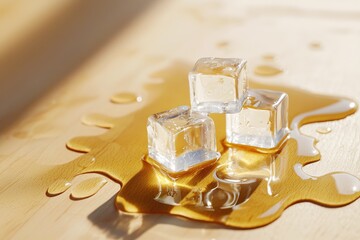Poster - Three ice cubes melting on a wooden surface creating a puddle of water in bright sunlight