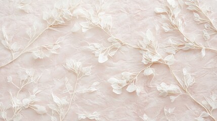 Poster - Pastel pink textured background with delicate white botanical elements showcasing nature's beauty and elegant simplicity