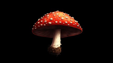 Amanita muscaria an iconic red and white mushroom known for its toxicity and historical medicinal and cosmetic uses against a dark background