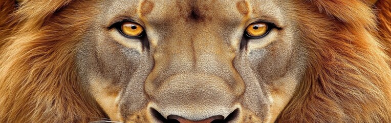 Poster - Captivating close-up of a lion's face revealing striking eyes and majestic mane during midday light in the savanna