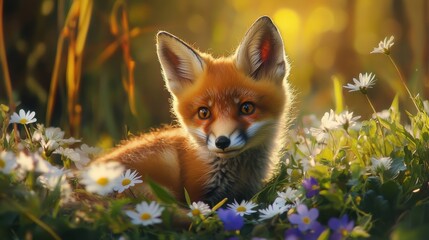 Poster - Fox cub peeking out from a vibrant flowerbed in the golden glow of sunset