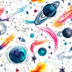 Poster - Dynamic watercolor doodle featuring planets, stars, and cosmic elements in a vibrant space setting