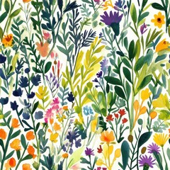 Poster - Vibrant watercolor doodle of an enchanting wildflower garden filled with colorful blooms and lush greenery in bright sunlight