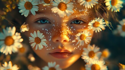 Poster - Captivating child face glowing amidst flowers capturing innocence and wonder in a serene outdoor setting