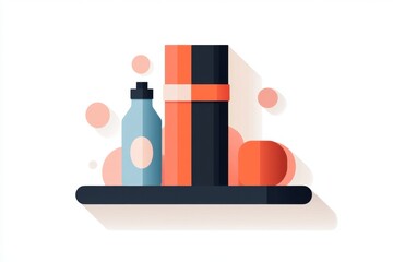 Poster - A flat vector design of a yoga mat with a single block and strap, placed on a soft pastel-colored background