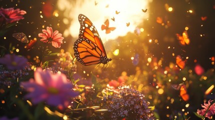Poster - Colorful butterflies and moths dance among vibrant flowers during a sunset in a garden