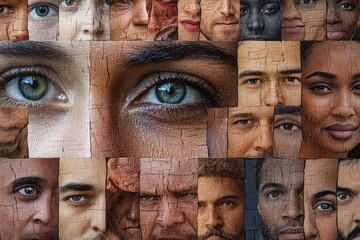 Human face made from different portrait of men and women of diverse age and race. Combination of faces. Humanity. Concept of social equality, human rights, freedom, diversity, acceptance, Generative A