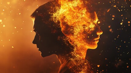Poster - Creative double exposure illustrating the connection between a father and child with fiery elements representing emotion and energy