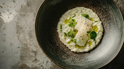 Poster - Creamy asparagus risotto garnished with fresh herbs and cheese served in an elegant bowl