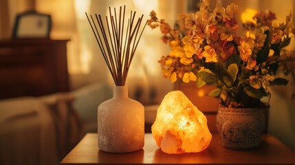 Poster - Cozy spa corner with reed diffuser and illuminated salt lamp creating a serene atmosphere for relaxation at home
