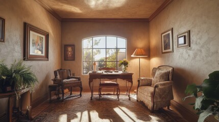 Poster - Cozy study with textured stucco ceiling and warm sunlight illuminating the space in the afternoon