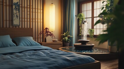 Poster - Cozy bedroom with a tranquil tabletop water feature, plants, and soft blue accents creating a peaceful atmosphere