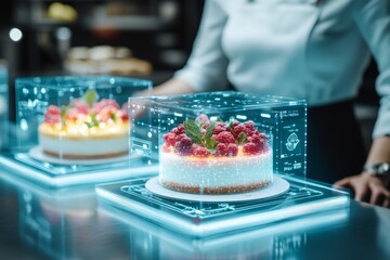 Poster - A futuristic depiction of a holographic dessert display, with glowing neon cakes and floating fruit in a high-tech cafÃ© setting