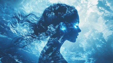 Poster - Conceptual visualization of a glowing woman surrounded by waves in a dreamlike atmosphere