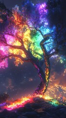 Poster - Glowing tree with vibrant colors illuminating a mystical landscape during twilight