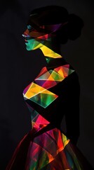 Poster - Colorful geometric projections illuminate a woman's silhouette against a dark background at night