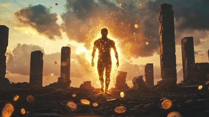 Aufkleber - Man glowing with energy walks through ancient stone ruins at sunset amidst scattered coins and a dramatic sky