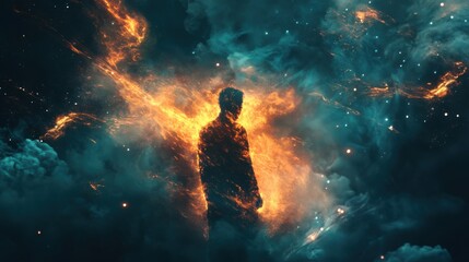 Poster - Man glowing with radiant energy surrounded by cosmic colors in an abstract setting during twilight hours