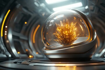 Aufkleber - A futuristic scene of a glowing yucca plant in a transparent pod, surrounded by a high-tech, sleek metallic environment with holographic displays