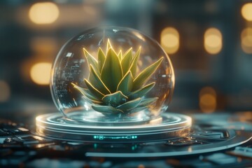 Aufkleber - A futuristic scene of a glowing yucca plant in a transparent pod, surrounded by a high-tech, sleek metallic environment with holographic displays