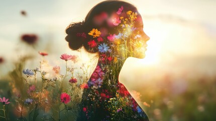 Aufkleber - Conceptual silhouette of a woman with floral elements at sunset in a serene landscape