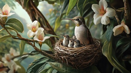 Aufkleber - Hummingbird feeding its young in a nest surrounded by vibrant flowers and foliage