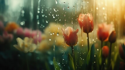 Poster - Raindrops create a soothing tapestry on vibrant tulips during a gentle rain shower in springtime