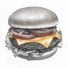 Poster - Delicious cheeseburger with layers of fresh lettuce, tomatoes, and melted cheese served on a sesame seed bun