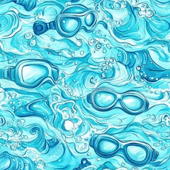 Poster - Calming watercolor doodle of swimming goggles and gentle waves in vibrant blue tones