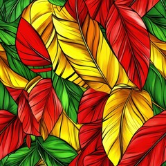 Aufkleber - Vibrant doodle cartoon watercolor featuring bold red, yellow, and green leaves in a lively pattern