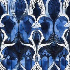 Leinwandbilder - Bold doodle watercolor pattern with intricate designs in shades of blue and white