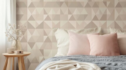 Aufkleber - Stylish bedroom featuring geometric-patterned walls in soft neutral tones creating a cozy, modern atmosphere