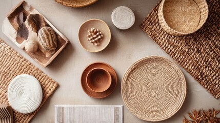 Sticker - Natural Eco Friendly Home Decor Accessories Arranged on Warm Terracotta Surface for Sustainable Living and Interior Design