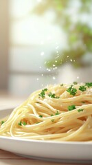 Poster - Close-up of a beautifully plated spaghetti with herbs and cheese at a sunlit restaurant table