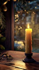 Poster - Close-up of a glowing candle illuminating a cozy indoor setting with a warm atmosphere