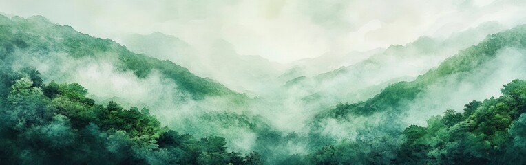 Poster - Misty mountains with lush greenery create a serene watercolor landscape of nature's beauty at dawn