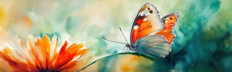 Poster - Colorful butterfly perched on vibrant flower with a soft watercolor background at midday