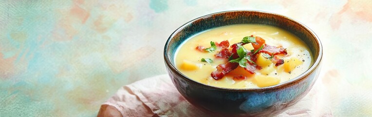Poster - Delicious close-up of creamy potato soup garnished with bacon and herbs served in a rustic bowl