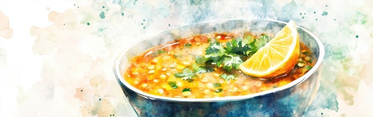 Poster - Close-up view of steaming lentil soup garnished with fresh herbs and lemon on a colorful watercolor background