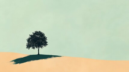 Poster - Soft silhouette of a lone tree on a gentle hill under a pastel sky at dusk